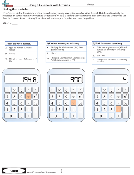 Cheat Sheets - Using a Calculator With Division (finding remainder) worksheet
